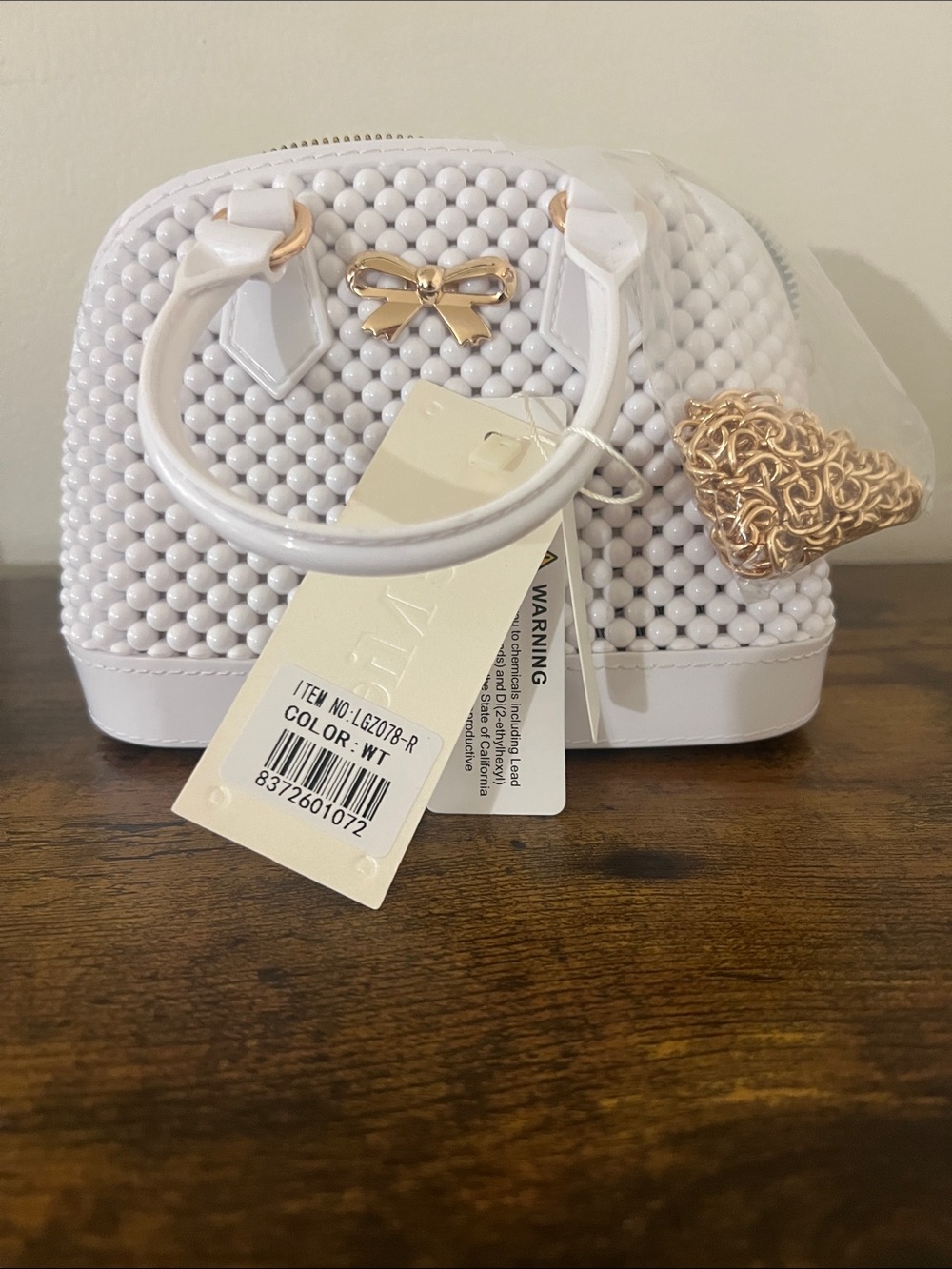 Aldo White Beaded Mini Dome Bag with Gold Zipper